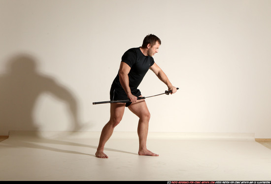 Man Adult Muscular White Fighting with sword Moving poses Sportswear