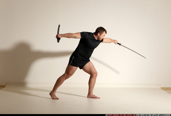 Man Adult Muscular White Fighting with sword Moving poses Sportswear