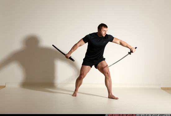 Man Adult Muscular White Fighting with sword Moving poses Sportswear