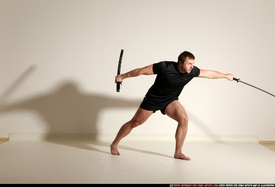 Man Adult Muscular White Fighting with sword Moving poses Sportswear