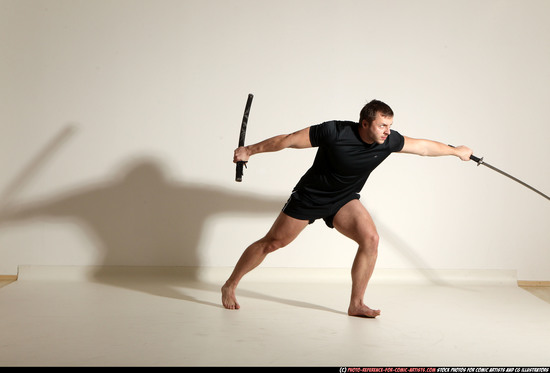 Man Adult Muscular White Fighting with sword Moving poses Sportswear