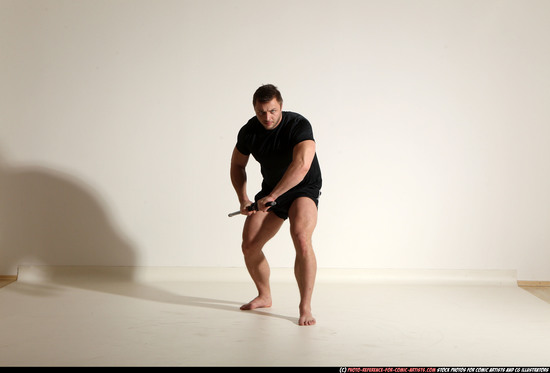 Man Adult Muscular White Fighting with sword Moving poses Sportswear