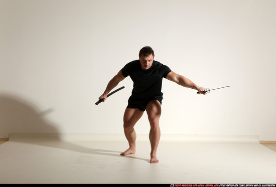 Man Adult Muscular White Fighting with sword Moving poses Sportswear