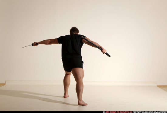 Man Adult Muscular White Fighting with sword Moving poses Sportswear