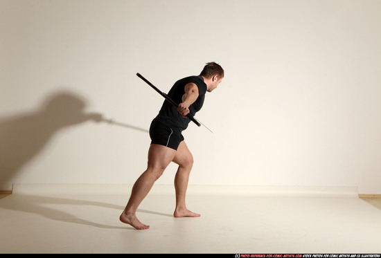 Man Adult Muscular White Fighting with sword Moving poses Sportswear