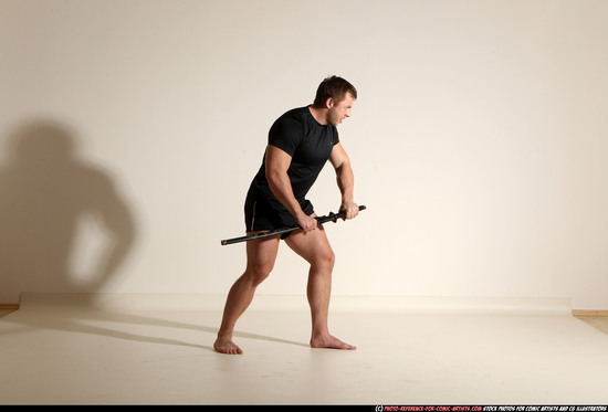 Man Adult Muscular White Fighting with sword Moving poses Sportswear