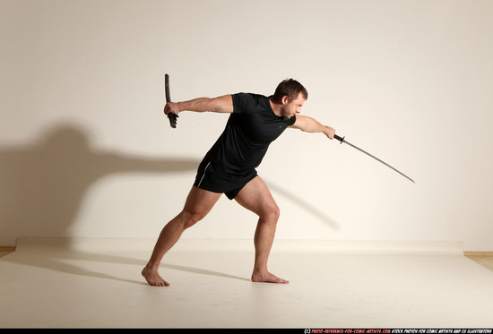 Man Adult Muscular White Fighting with sword Moving poses Sportswear