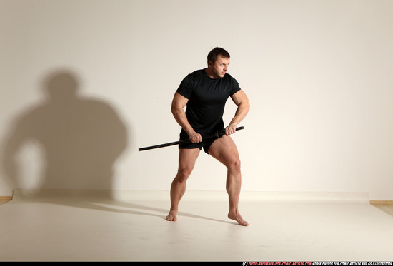 Man Adult Muscular White Fighting with sword Moving poses Sportswear