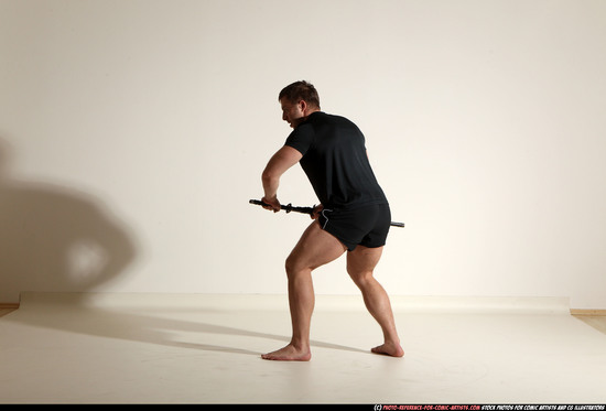 Man Adult Muscular White Fighting with sword Moving poses Sportswear