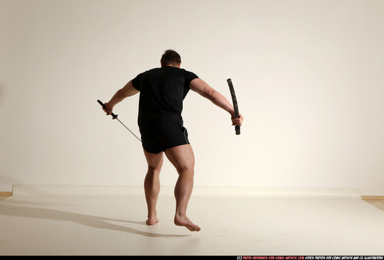 Man Adult Muscular White Fighting with sword Moving poses Sportswear