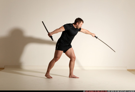 Man Adult Muscular White Fighting with sword Moving poses Sportswear