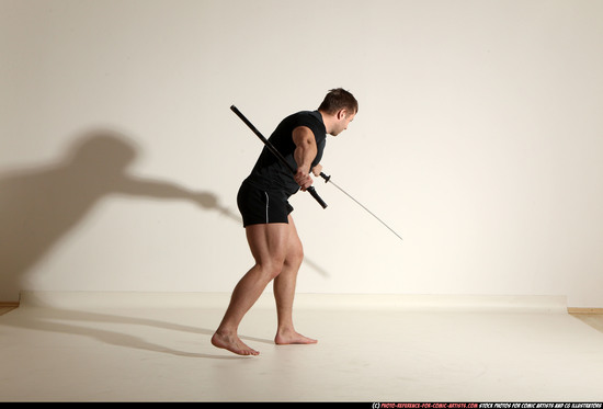 Man Adult Muscular White Fighting with sword Moving poses Sportswear