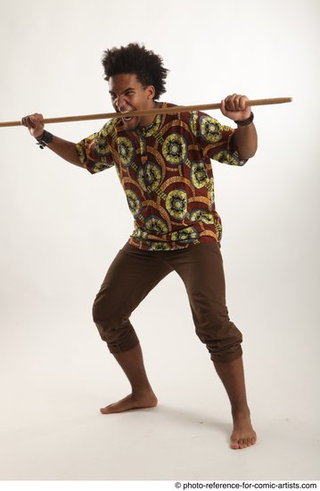 Man Adult Average Black Fighting with spear Standing poses Coat