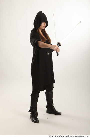 Woman Adult Average White Fighting with sword Standing poses Coat