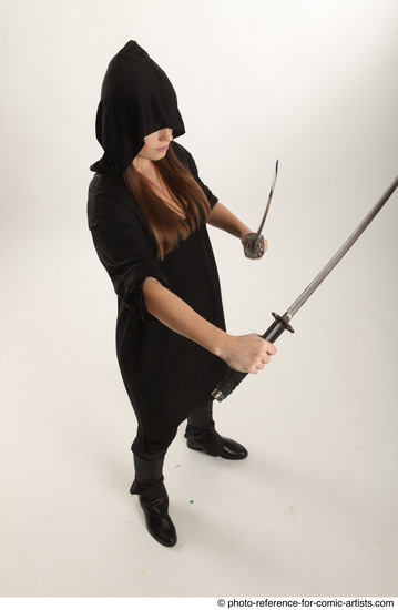 Woman Adult Average White Fighting with sword Standing poses Coat