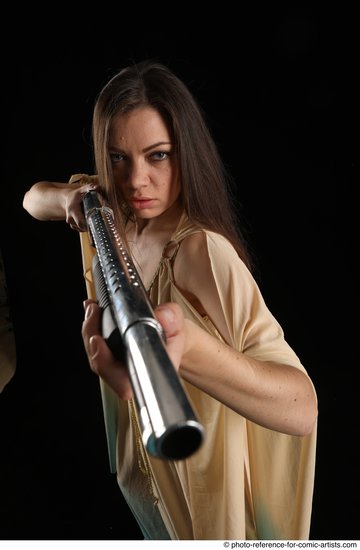 Woman Adult Average White Standing poses Casual Fighting with shotgun