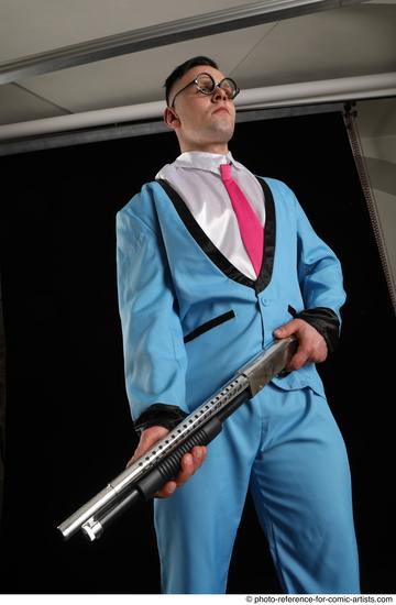 Man Adult Muscular White Standing poses Business Fighting with shotgun