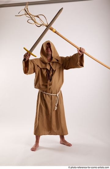 Man Adult Chubby White Fighting with spear Standing poses Coat