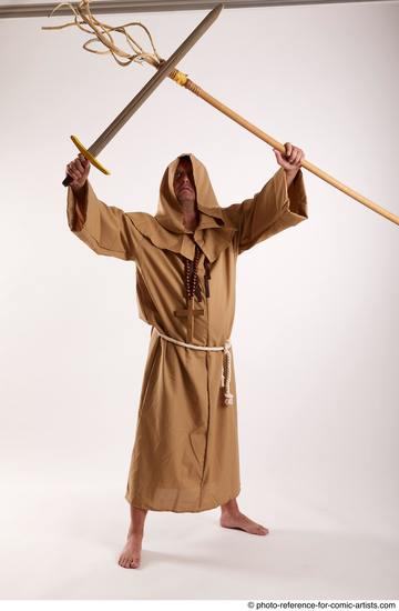 Man Adult Chubby White Fighting with spear Standing poses Coat