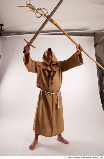 Man Adult Chubby White Fighting with spear Standing poses Coat