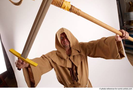 Man Adult Chubby White Fighting with spear Standing poses Coat