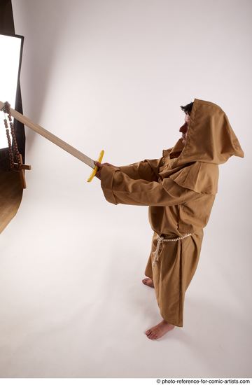 Man Adult Chubby White Fighting with sword Standing poses Coat