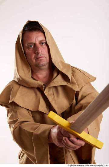 Man Adult Chubby White Fighting with sword Standing poses Coat