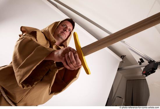 Man Adult Chubby White Fighting with sword Standing poses Coat