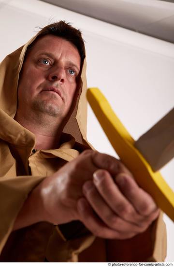 Man Adult Chubby White Fighting with sword Standing poses Coat