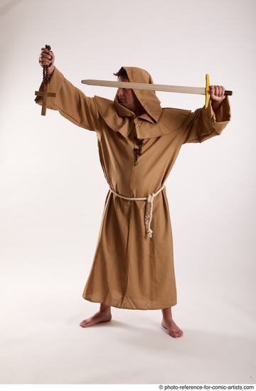 Man Adult Chubby White Fighting with sword Standing poses Coat