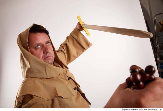 Man Adult Chubby White Fighting with sword Standing poses Coat