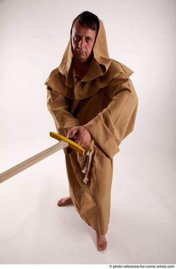 Man Adult Chubby White Fighting with sword Standing poses Coat