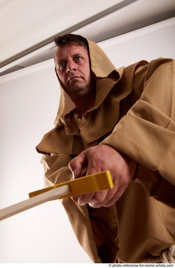 Man Adult Chubby White Fighting with sword Standing poses Coat