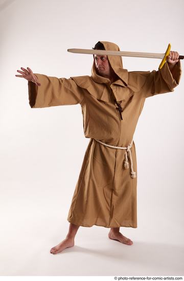 Man Adult Chubby White Fighting with sword Standing poses Coat