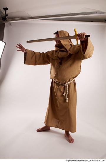 Man Adult Chubby White Fighting with sword Standing poses Coat