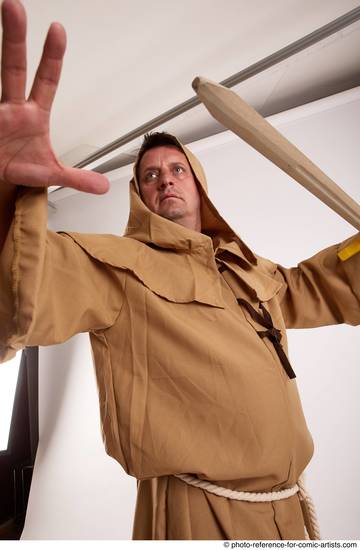 Man Adult Chubby White Fighting with sword Standing poses Coat