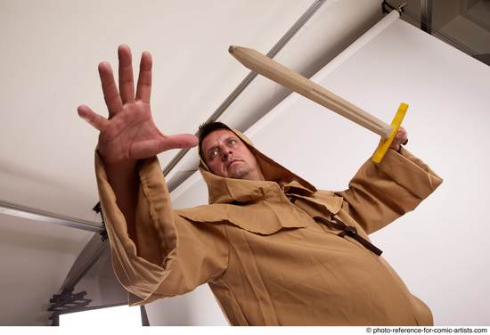 Man Adult Chubby White Fighting with sword Standing poses Coat