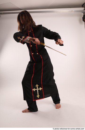 Man Adult Average White Fighting with sword Standing poses Coat