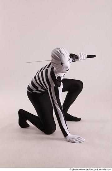 Man Adult Athletic Another Fighting with sword Kneeling poses Casual