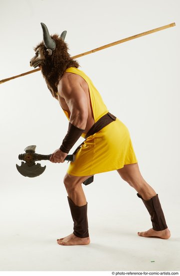 Man Adult Athletic White Fighting with spear Standing poses Coat