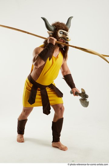 Man Adult Athletic White Fighting with spear Standing poses Coat