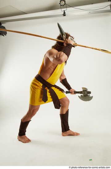 Man Adult Athletic White Fighting with spear Standing poses Coat