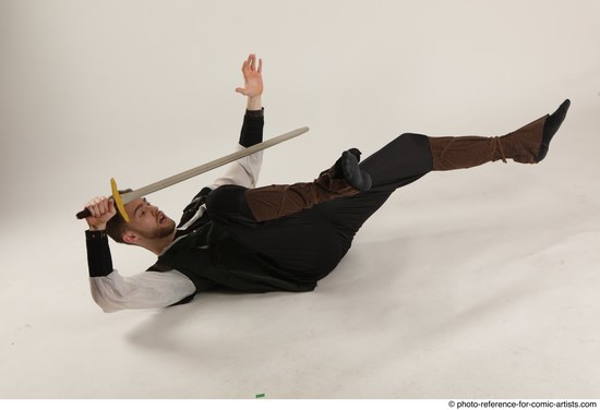 Man Adult Athletic White Fighting with sword Laying poses Casual