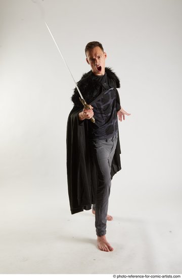 Man Adult Athletic White Fighting with sword Standing poses Coat