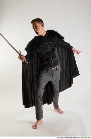 Man Adult Athletic White Fighting with sword Standing poses Coat