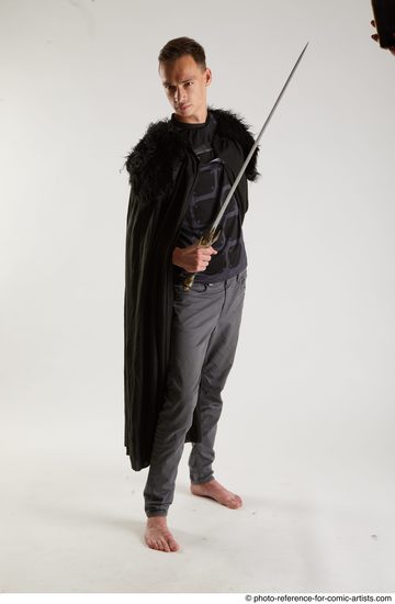 Man Adult Athletic White Fighting with sword Standing poses Coat