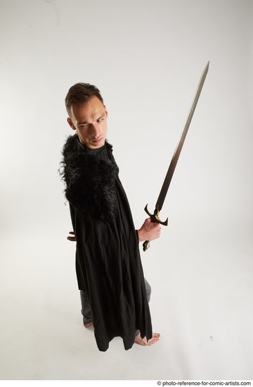 Man Adult Athletic White Fighting with sword Standing poses Coat