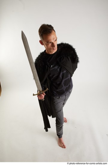 Man Adult Athletic White Fighting with sword Standing poses Coat