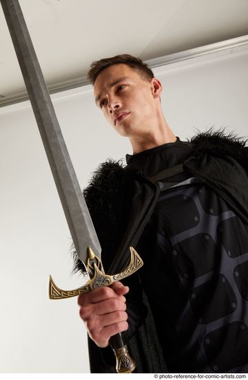 Man Adult Athletic White Fighting with sword Standing poses Coat