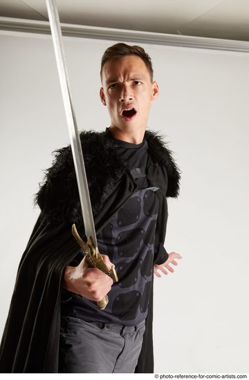 Man Adult Athletic White Fighting with sword Standing poses Coat